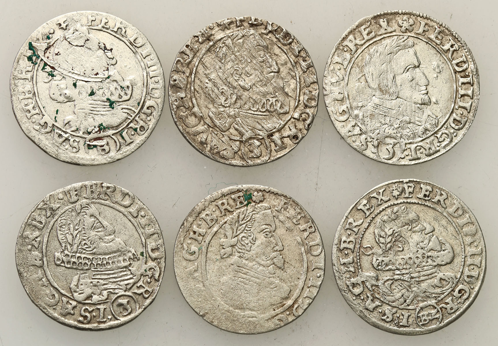 Śląsk, Ferdynand II (1619-1637), 3 krajcary 1624, 1625, 1630, 1631 Wrocław, Praga, Ołomuniec, zestaw 6 sztuk